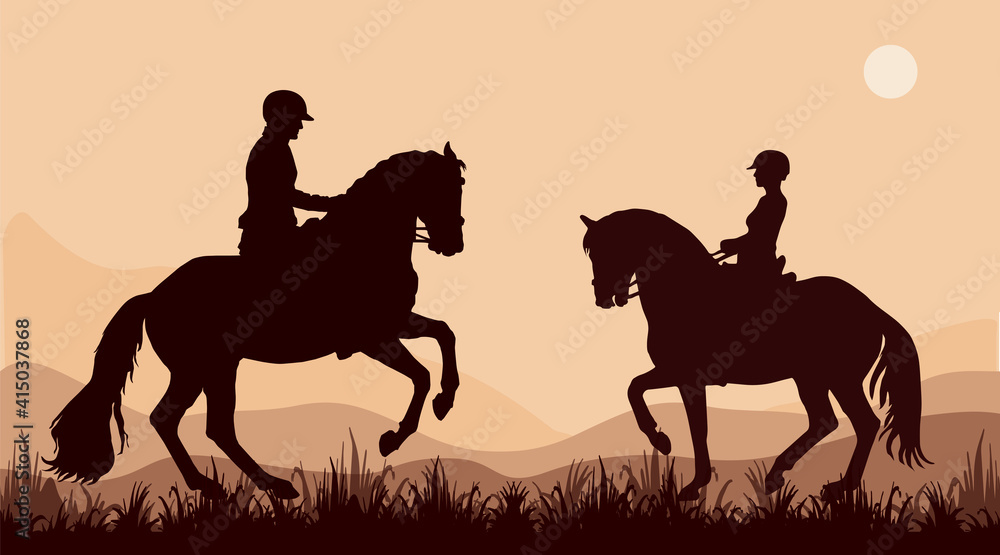 Fototapeta premium isolated realistic black silhouettes of two riders, sports, romantic walk