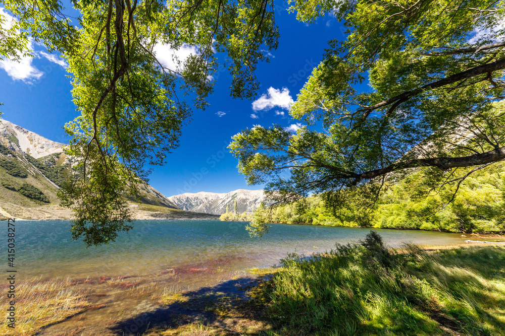 Aspect of beautiful Lake Pearson (Moana Rua) in the Arthur's Pass, Southern Alps, South Island, New Zealand