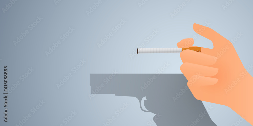 May 31st World No Tobacco Day banner design. Hand holding cigarette and shadow of hand turned into a gun to convey the dangers of smoking. Stop smoking poster for disease warning. No smoking sign. 