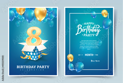 8th years birthday vector invitation double card. Eight years anniversary celebration brochure. Template of invitational for print on blue background