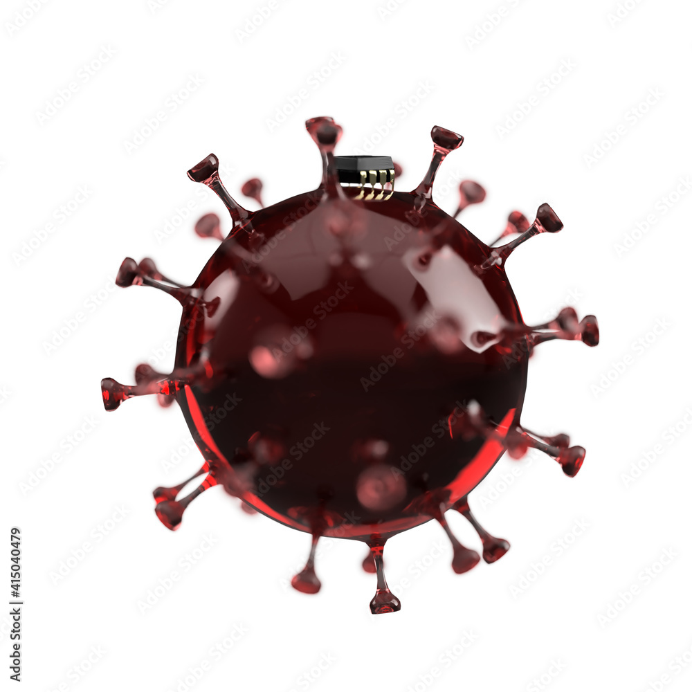 Coronavirus COVID 19 virus with an embedded micro chip, conspiracy theory technology taking over the world computer virus Coronavirus COVID 19 virus with an embedded micro chip, conspiracy theory technology taking over the world computer virus