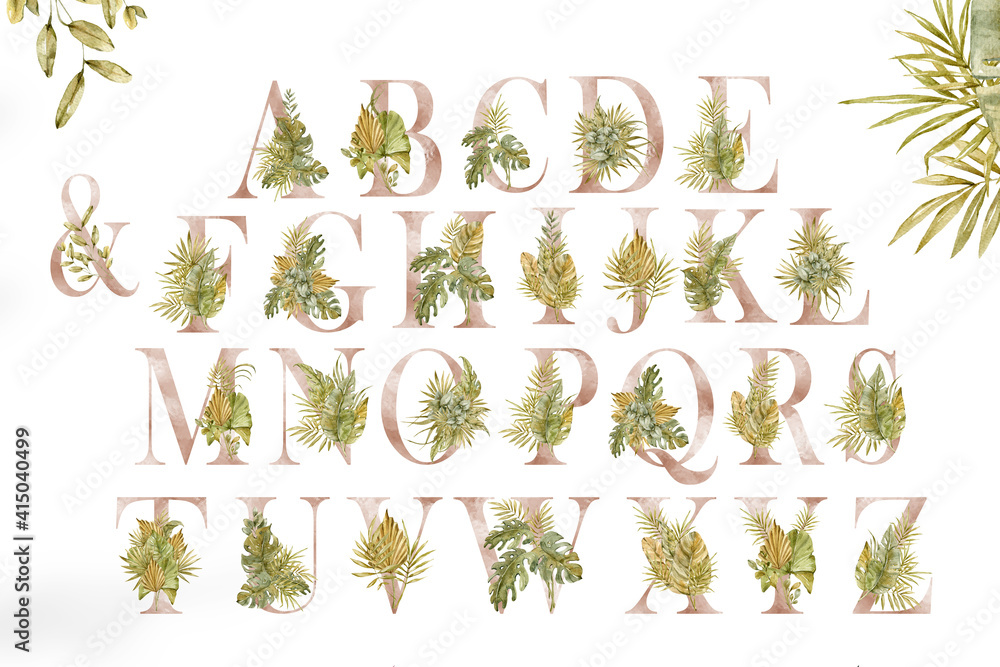 Watercolor floral alphabet letters clipart. Pink gold uppercase letters decorated with tropical leaves. Perfect for wedding invitations and monograms, greeting cards, logos, nursery initial posters.