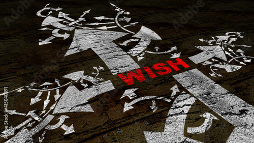 Wish text on a crossroad in different ways of arrows on grunge background