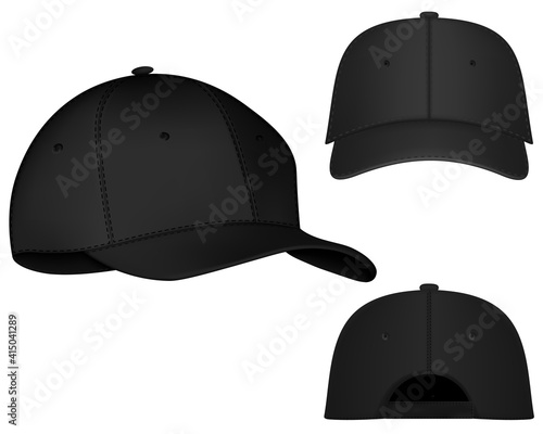 Vector baseball cap front and side view. Mockup isolated on transparent background. Uniform cap with front, back and right side view. Isolated vector illustrations set on white background.