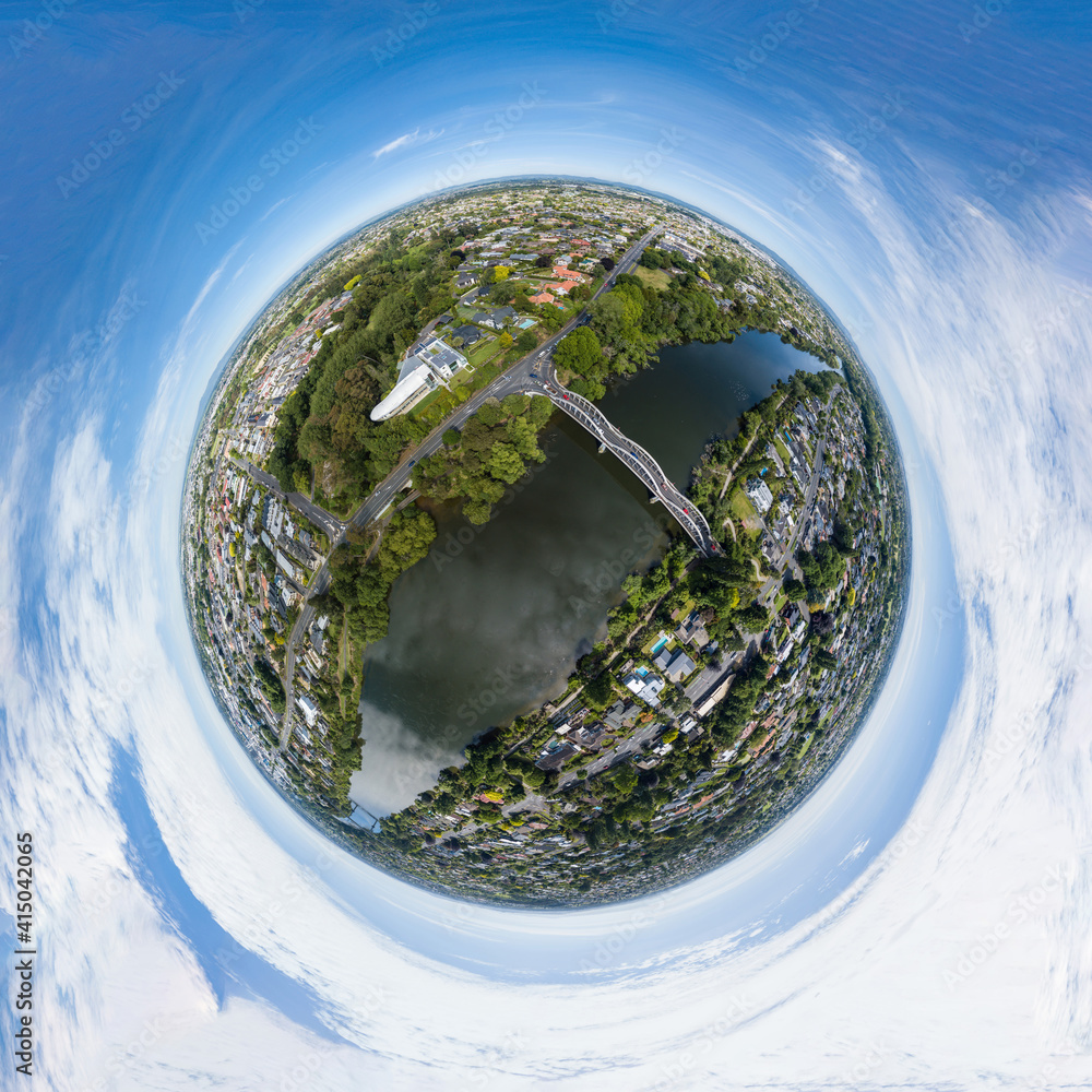 An aerial drone capture tiny planet globe earth rendering of location in Hamilton, New Zealand, Aotearoa. Stock Photo | Adobe Stock