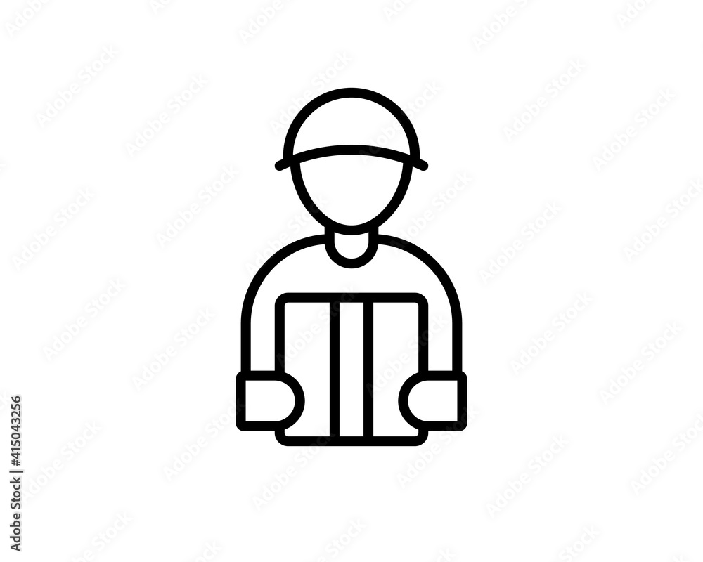 Delivery line icon. Courier with parcel box concept. Thin line style. Black vector courier delivery service icon isolated on white background Delivery line icon. Courier with parcel box concept. Thin line style. Black vector courier delivery service icon isolated on white background