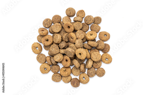 domestic animals dry food isolated on white background. dry cat feed cut out. above view