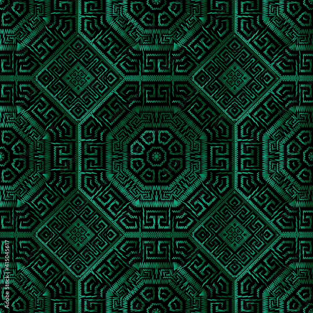 Tapestry seamless pattern. Textured vector background. Grunge ornamental greek backdrop. Geometric tribal ethnic style embroidery green ornaments. Zigzag lines, rhombus, meanders. Embroidered texture