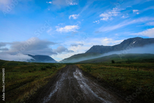 Summer landscape of Polar Ural mountains near Sob station, Yamalo-Nenets Autonomous Region, Russia