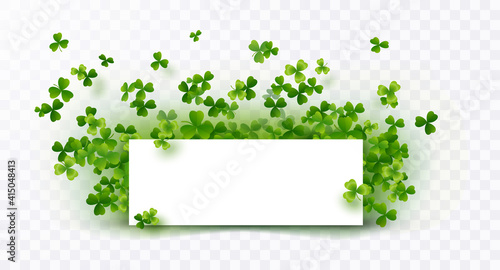 Shamrock flying leaves with paper border isolated on transparent background. Green irish symbols Good Luck and white banner. Vector clover pattern for Saint Patrick's Day holiday greeting card design