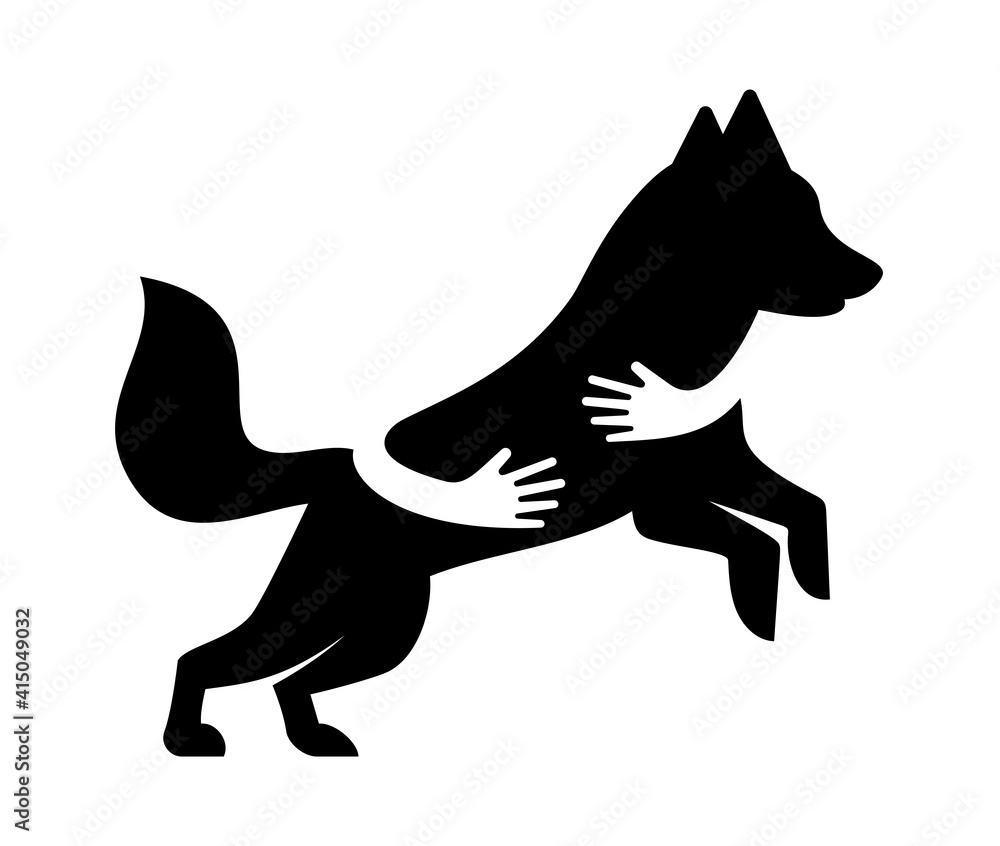 Εκτύπωση καμβά Human hands embracing or holding dog silhouette vector flat illustration