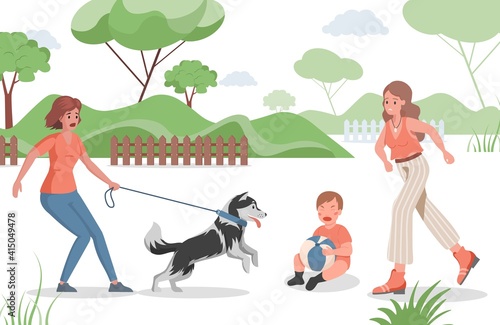 People spend time outdoor in urban park vector flat illustration. Woman holding dog on leash, small child afraid of the dog and cries, mother going to help her boy. Dog owner and mother.