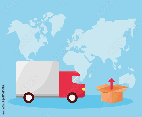 truck and box in the earth planet delivery service icons