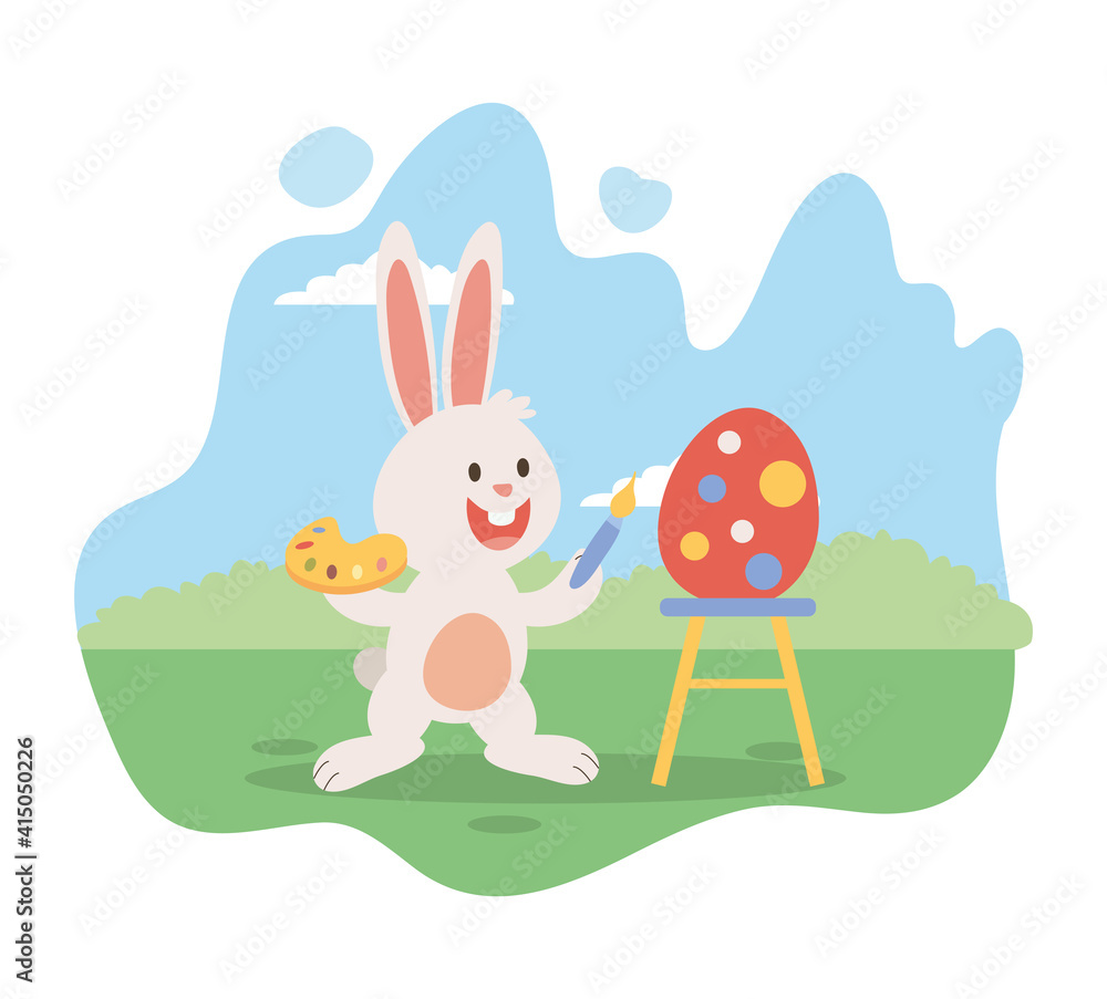 Fototapeta premium cute little bunny easter painting egg with brush
