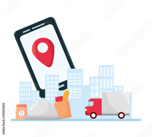 smartphone with pin location and delivery service icons