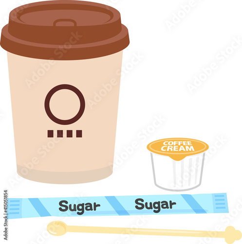 紙コップ入りのドリンクとミルクと砂糖