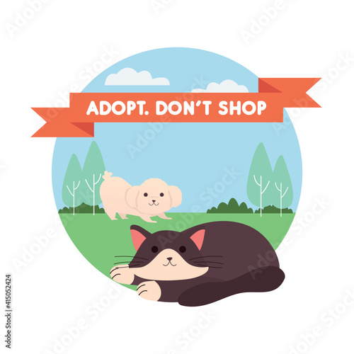 adopt dont shop lettering in ribbon with dog and cat in the garden
