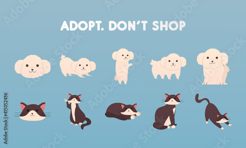 adopt dont shop lettering with group of dogs and cats