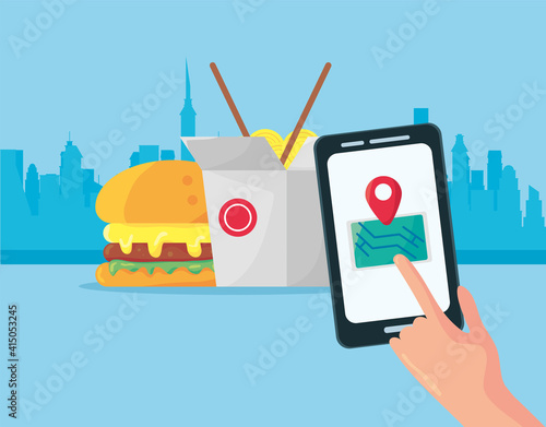 hand using smartphone with delivery food service icons