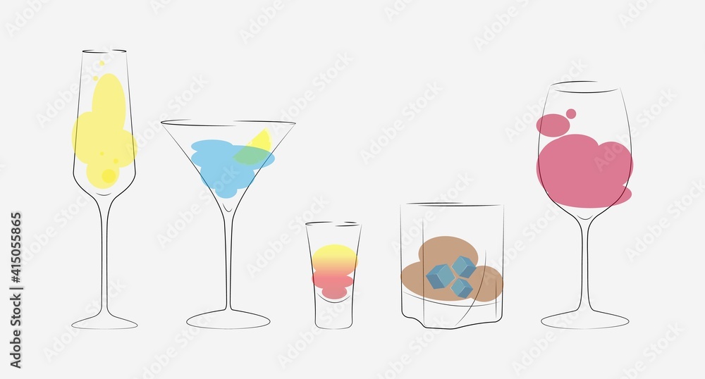 Illustration card sticker advertisind banner background set of different glasses champagne whiskey shot of alcohol cocktatile martini red wine Illustration card sticker advertisind banner background set of different glasses champagne whiskey shot of alcohol cocktatile martini red wine