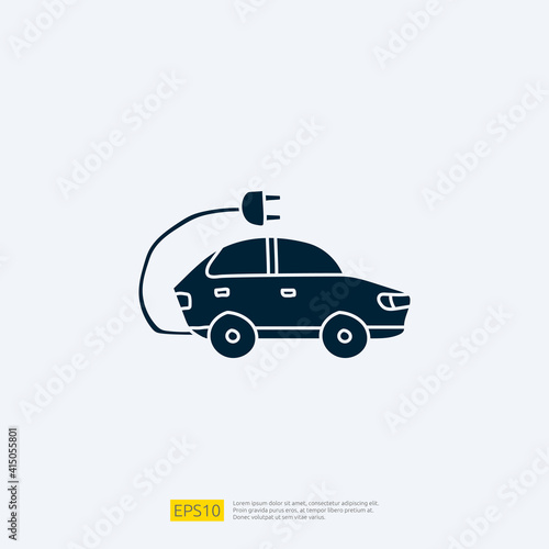 electric car doodle icon sign symbol vehicle concept. eco green friendly transportation on white background vector illustration