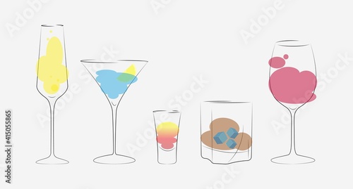 Illustration card sticker advertisind banner background set of different glasses champagne whiskey shot of alcohol cocktatile martini red wine