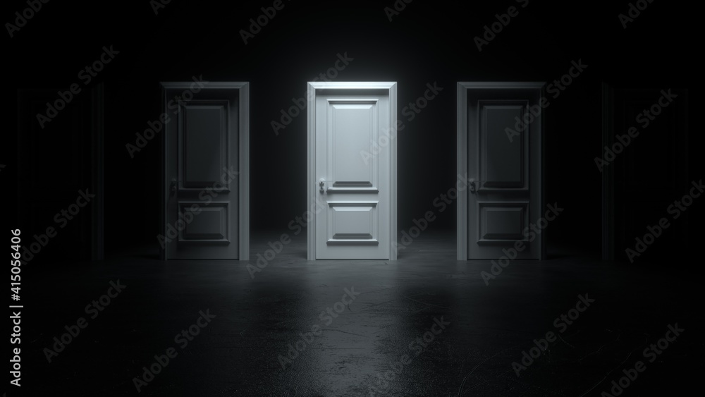 Closed white doors in a dark room with bright light stand in a row