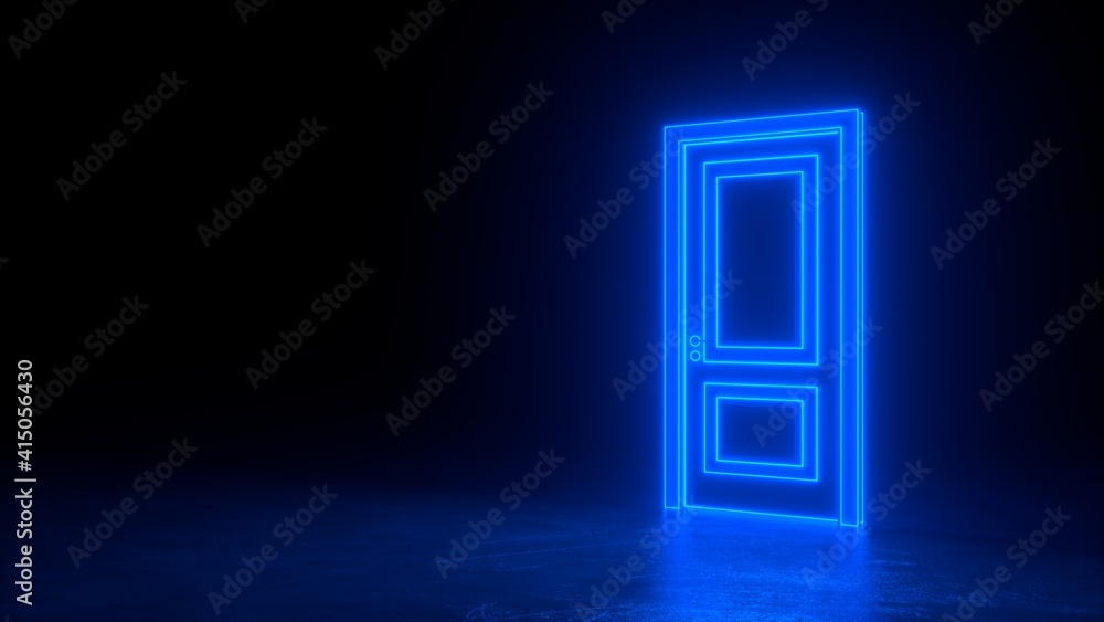 Abstract open door to universe. Cyberpunk neon door background concept. Blue neon. Abstract neon shapes hologram led laser door. Glowing neon frame. Modern 3d graphic concept. 3D rendering