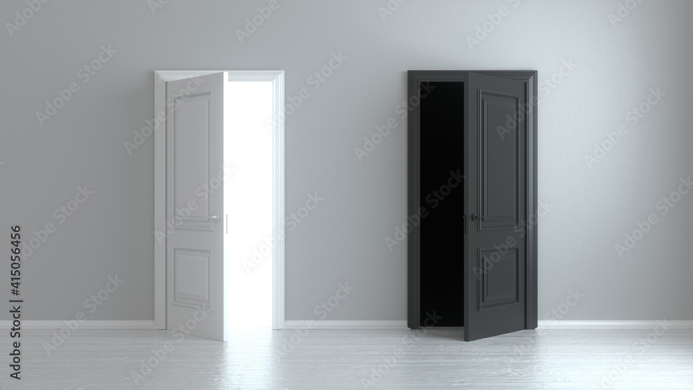 Open white and black entrance realistic door isolated on white background. Choice, business and success concept. 3d render Open white and black entrance realistic door isolated on white background. Choice, business and success concept. 3d render