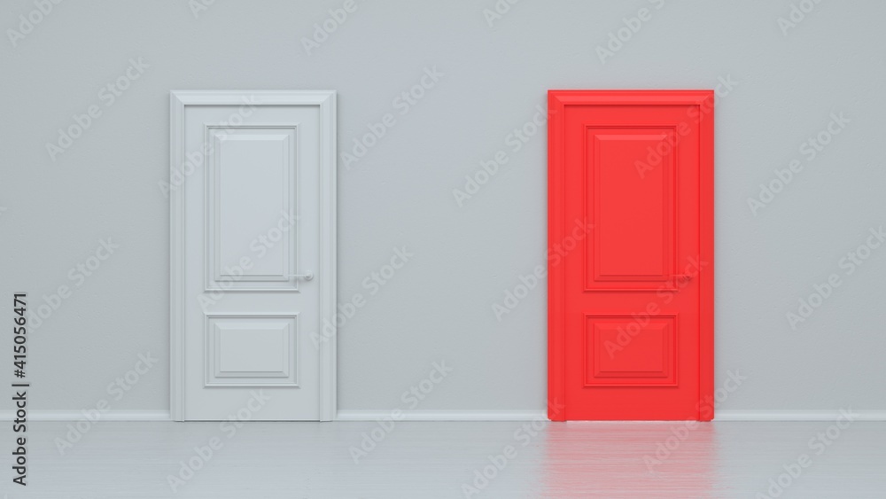 Closed white and red entrance realistic door isolated on white background. Choice, business and success concept. Business success. 3d render Closed white and red entrance realistic door isolated on white background. Choice, business and success concept. Business success. 3d render