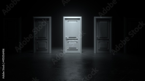 Closed white doors in a dark room with bright light stand in a row. Light shines from door opening in dark room. Abstract dark concrete interior. Fills the space with bright white light. 3D render