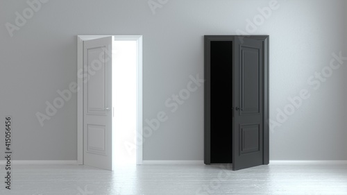 Fototapeta Naklejka Na Ścianę i Meble -  Open white and black entrance realistic door isolated on white background. Choice, business and success concept. 3d render