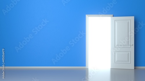 Open White Door on Blue Wall, Reflective Floor. 3d render