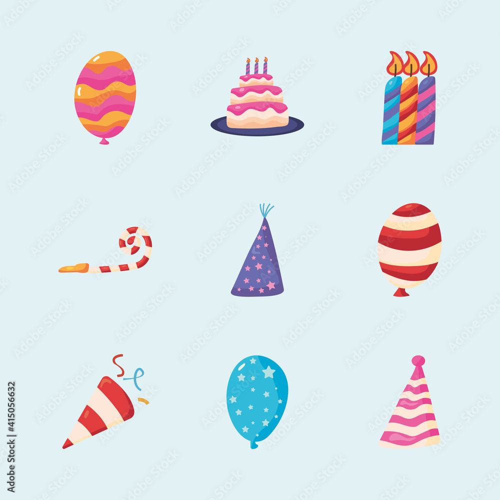 Obraz premium bundle of nine happy birthday set icons