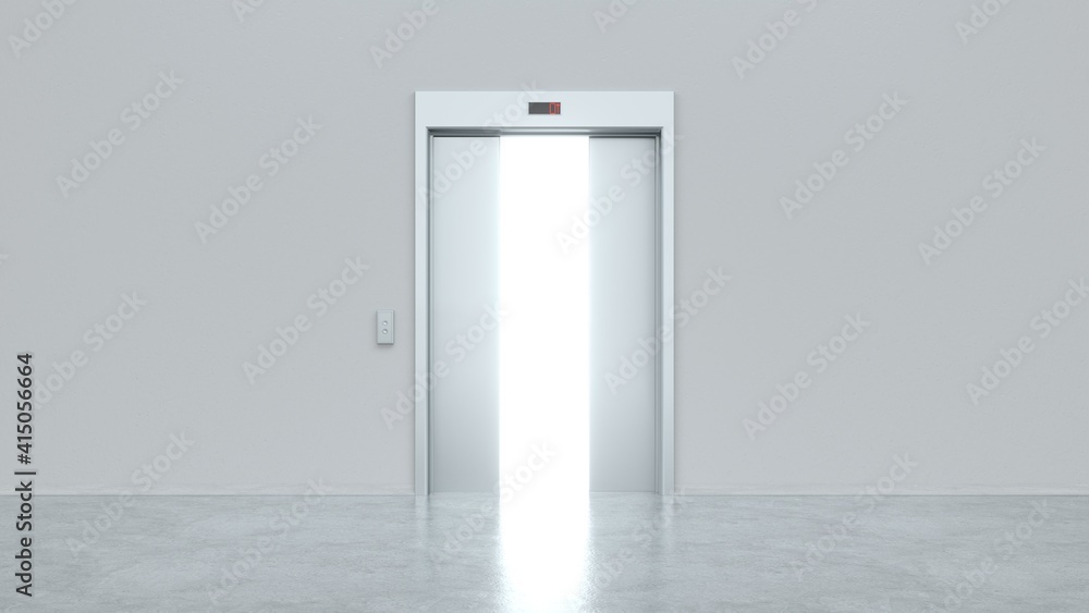Modern elevator with semi-open metal doors. Light shines from door opening. Decision making concepts, different possibilities. Choice, business and success concept. 3d render Modern elevator with semi-open metal doors. Light shines from door opening. Decision making concepts, different possibilities. Choice, business and success concept. 3d render