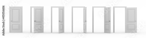 Fototapeta Naklejka Na Ścianę i Meble -  A set of white wooden doors at different stages of opening. 6 stages. Collection of doors. Entrance and doorways. Closed and open way. Choice, business and success concept. 3d render