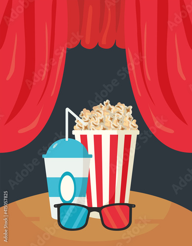 pop corn food and soda drink with 3d glasses