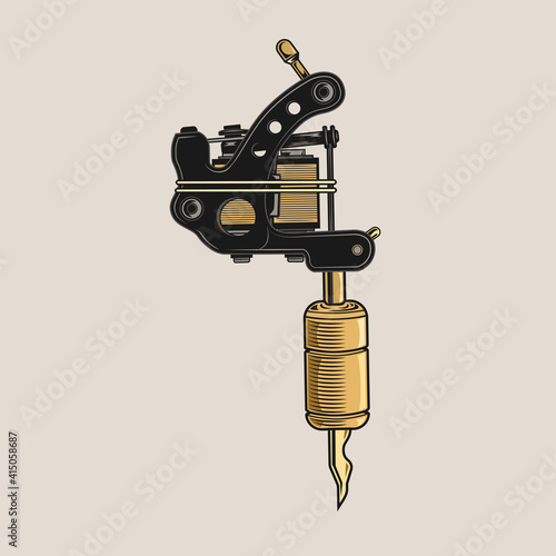 Retro tattoo machine emblem design. Authentic instrument with needle and ink, artist tool, equipment vector illustration. Tattoo studio concept for symbols and emblems templates