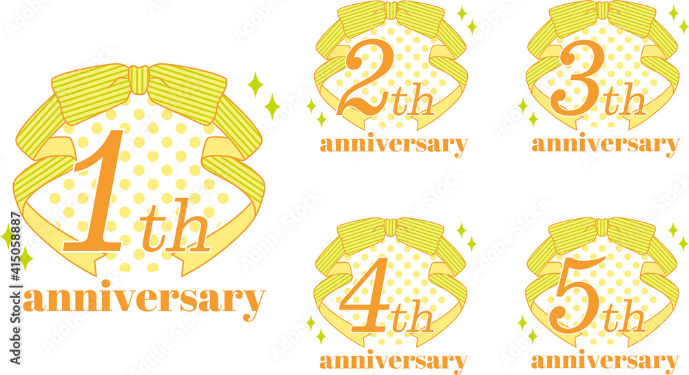 ポップでガーリーなアニバーサリーエンブレムロゴセット・1周年~5周年 ポップでガーリーなアニバーサリーエンブレムロゴセット・1周年~5周年