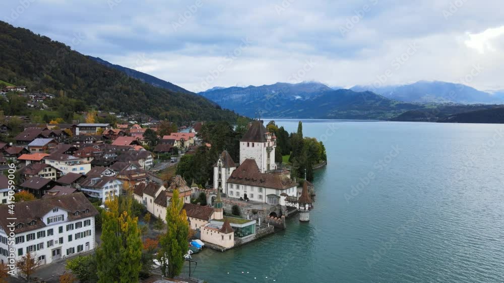 Famous Castle Oberhofen at Lake Thun in Switzerland - drone footage Famous Castle Oberhofen at Lake Thun in Switzerland - drone footage