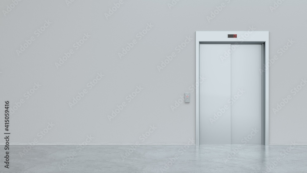 Blank silver closed elevator in office floor interior mock up, front view. Modern lift with closed metal doors. Business center or hotel lifting template. Success and possibilities concept. 3d render Blank silver closed elevator in office floor interior mock up, front view. Modern lift with closed metal doors. Business center or hotel lifting template. Success and possibilities concept. 3d render