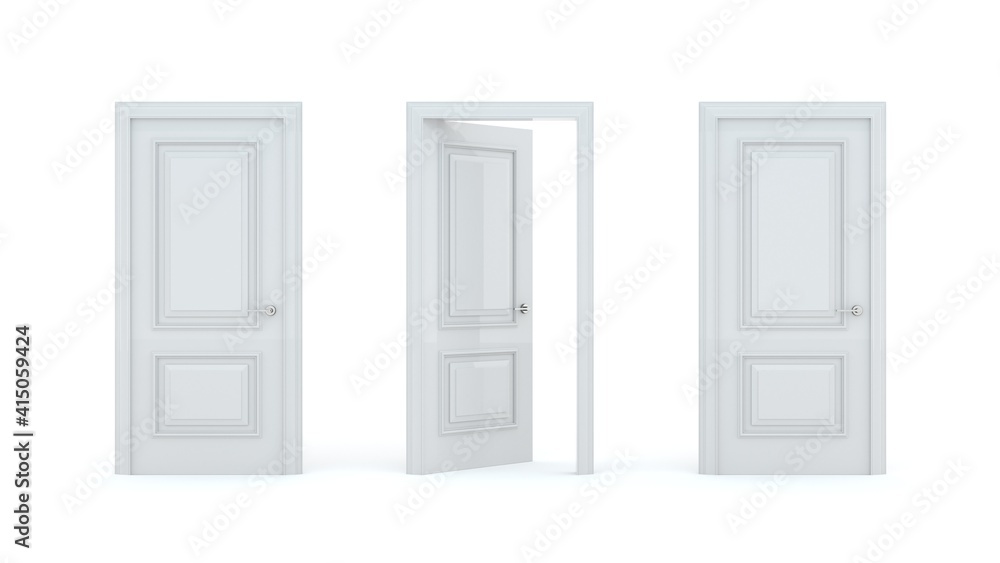 A set of white wooden doors at different stages of opening. 3 stages. Collection of doors. Entrance and doorways. Closed and open way. Choice, business and success concept. 3d render A set of white wooden doors at different stages of opening. 3 stages. Collection of doors. Entrance and doorways. Closed and open way. Choice, business and success concept. 3d render