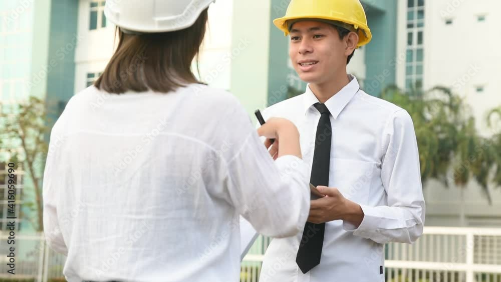 Businesspeople teamwork talking friendly and happy greeting success job project background in company tower Businesspeople teamwork talking friendly and happy greeting success job project background in company tower