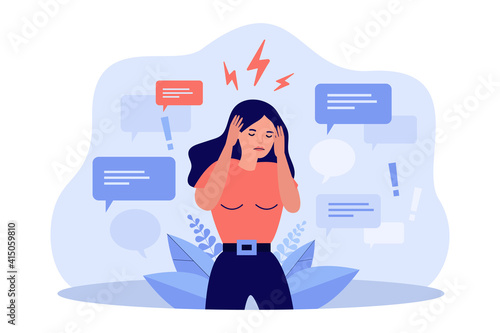 Sad woman covering ears with hands to stop disinformation isolated flat vector illustration. Cartoon character having headache from noise. Fake news, hoax and social advertising noise concept