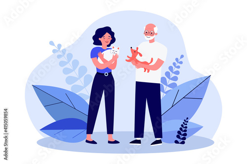 Happy people standing and holding pets. Friend, cat, dog flat vector illustration. Domestic animals and friendship concept for banner, website design or landing web page