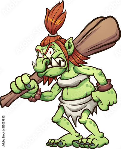 Female troll holding a big club. Vector clip art illustration. All on a single layer. 
 photo