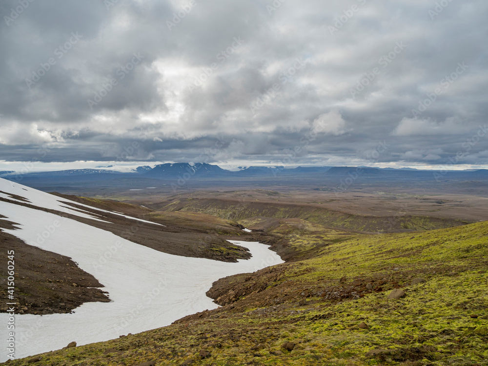 Landscape in the highlands between Hofsjokull (background) and Kerlingarfjoll, Iceland.