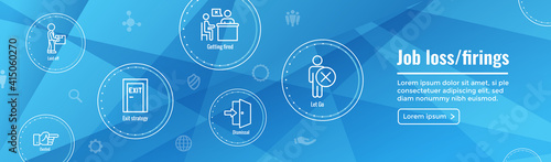 Job Loss, Downsizing, Getting Fired, Unemployment due to Covid 19 or Coronavirus Icon Set Web Header Banner