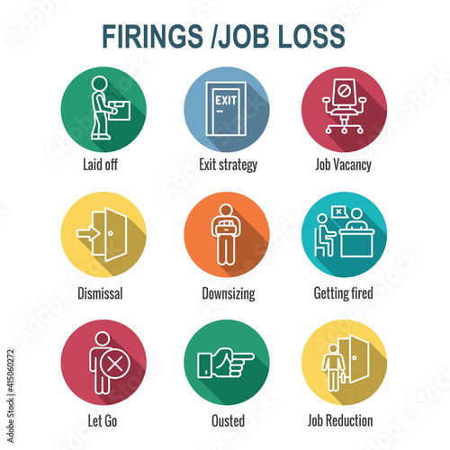Job Loss, Downsizing, Getting Fired, and Unemployment due to Covid 19 or Coronavirus Icon Set