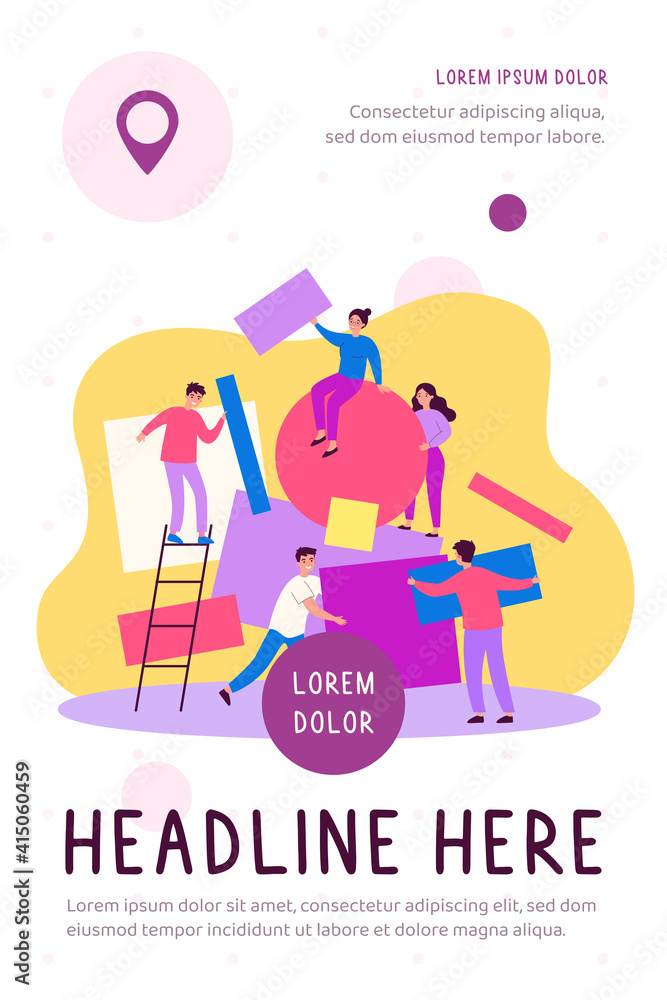 Team working together on abstract idea. People carrying subjects of different shapes and putting together geometrical puzzle. Vector illustration for chaos, teamwork, failure arranging concepts Team working together on abstract idea. People carrying subjects of different shapes and putting together geometrical puzzle. Vector illustration for chaos, teamwork, failure arranging concepts